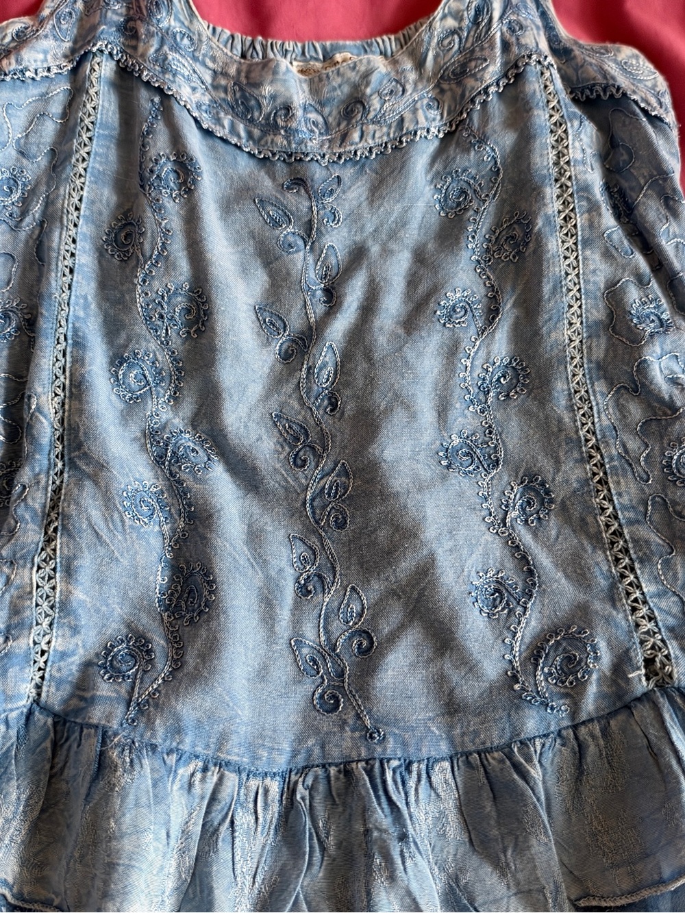 Blue Embroidered Denim-Style Ruffle Dress - Picture 5 of 5